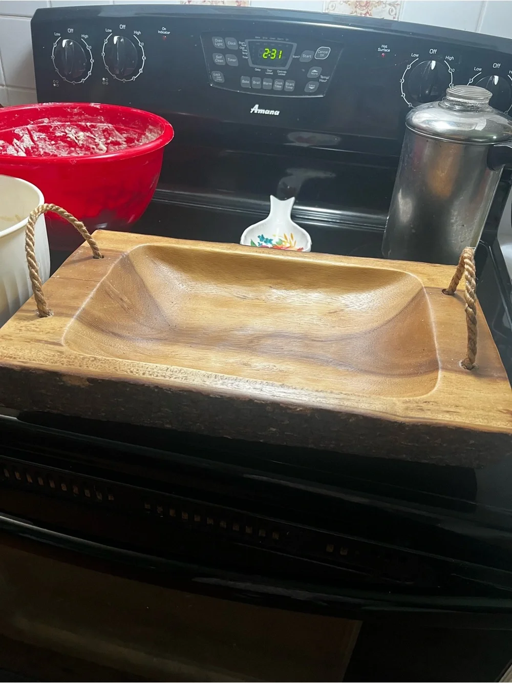 Hand-Carved Wooden Serving Tray with Rope Handles - Brown